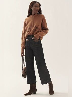 Anthro High-Rise Jeans Cropped Wide Leg Stretch Contrast Stitch Patch Pocket